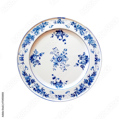 Round porcelain plate with a blue flower pattern. Isolated on transparent background. photo