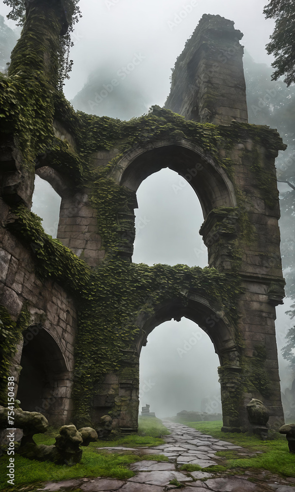 Mist-Clad Ruins. The remnants of an ancient castle, shrouded in mist.