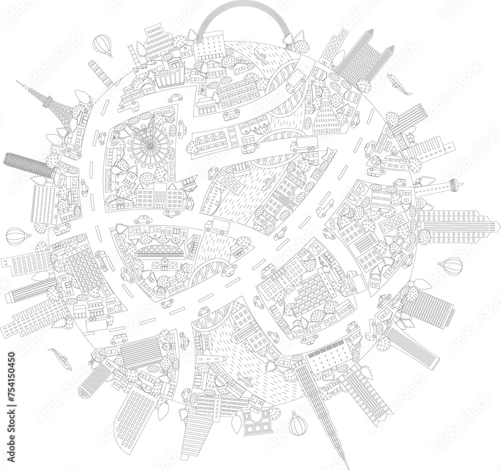 にぎやかな街並みの地球 線画 にぎやかな街並みの地球 線画