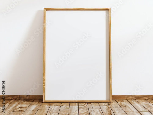 plain oak wood frame poster mockup on wooden floor