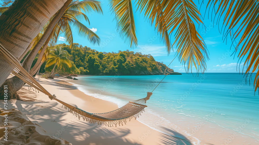 Tropical beach panorama as summer relax landscape with beach swing or hammock hang on palm tree over white sand ocean beach
