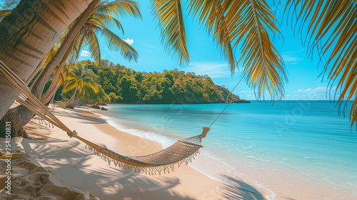 Tropical beach panorama as summer relax landscape with beach swing or hammock hang on palm tree over white sand ocean beach © Anna