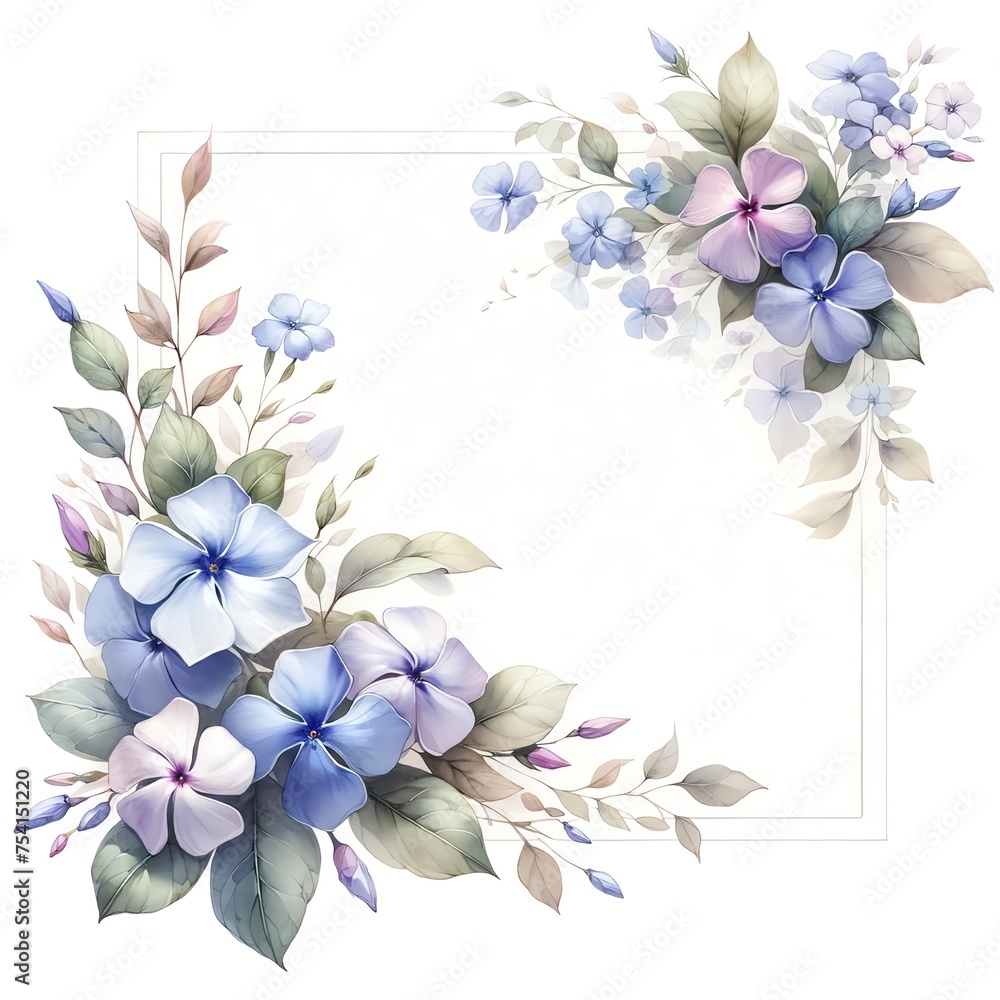 Watercolor painting of Periwinkle flowers and botanical elements for corner and border invitation