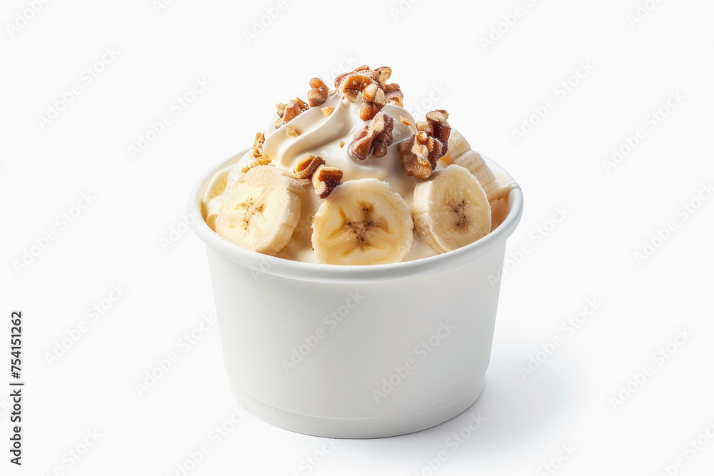 delicious Soft ice cream Banana Frozen Yogurt with Walnut Pieces in white blank takeaway paper cup mockup or mock up template isolated on white background delicious Soft ice cream Banana Frozen Yogurt with Walnut Pieces in white blank takeaway paper cup mockup or mock up template isolated on white background
