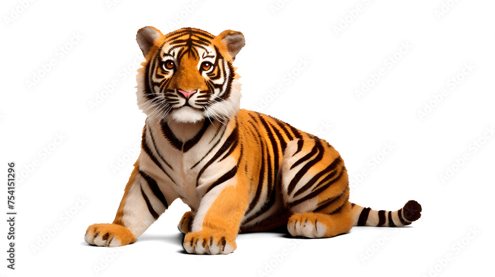 A realistic-looking tiger plushie, with orange and black stripes, posed majestically against a solid white backdrop