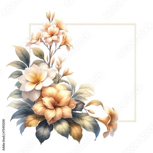 atercolor painting of Golden Champa flowers and botanical elements for corner and border invitation photo