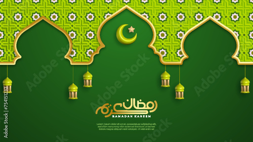 Ornamental pattern stone relief in the Arabic architectural style of an Islamic mosque, serving as a greeting card for Ramadan and Eid Mubarak. Calligraphy translation: Ramadan Kareem.