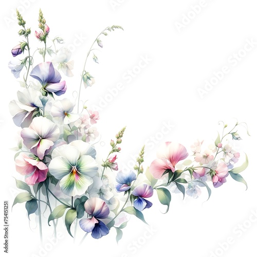 Watercolor painting of Sweet Pea flowers and botanical elements for corner and border invitation