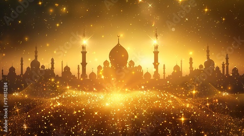 Dazzling ramadan kareem: stunning mosque silhouette aglow with gold glitter and brilliant stars

 photo