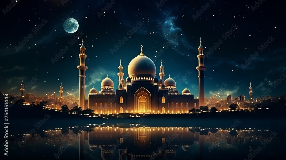 Naklejka premium Dazzling ramadan kareem: mesmerizing mosque silhouette amidst gilded glitter and radiant stars