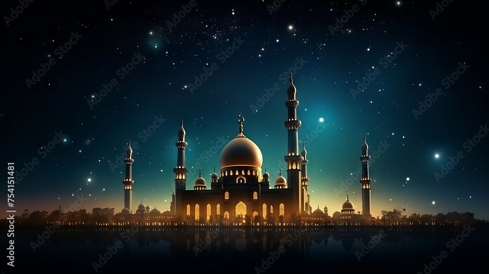Mesmerizing ramadan kareem: majestic mosque silhouette with golden glitter and radiant shining stars in the night sky

