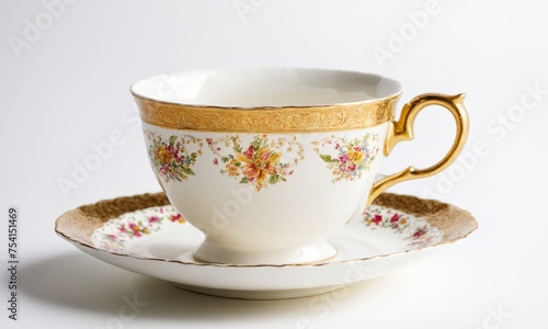 Cup of tea with floral pattern on white background, close up