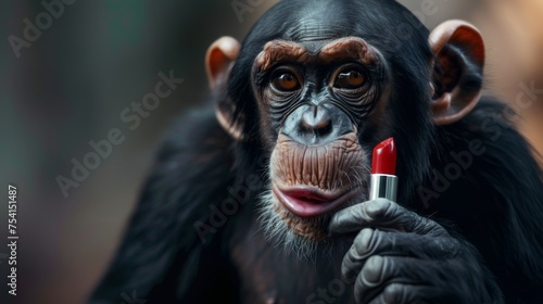 The monkey is holding red lipstick in his hands. Parody of a beauty ad with a chimpadzee photo