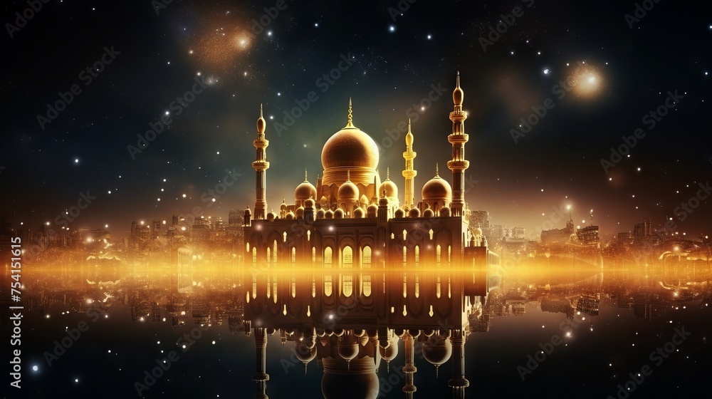 Fototapeta premium Dazzling ramadan kareem: mesmerizing mosque silhouette amidst gilded glitter and radiant stars
