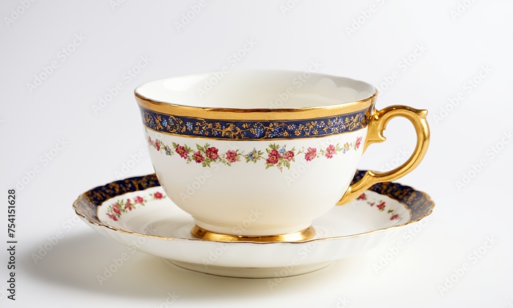 White porcelain cup and saucer with a pattern on a white background White porcelain cup and saucer with a pattern on a white background