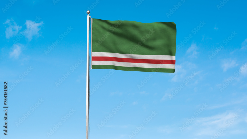 High detailed flag of Chechen Republic of Ichkeria. National Chechen Republic of Ichkeria flag. 3D illustration. Sky Background.