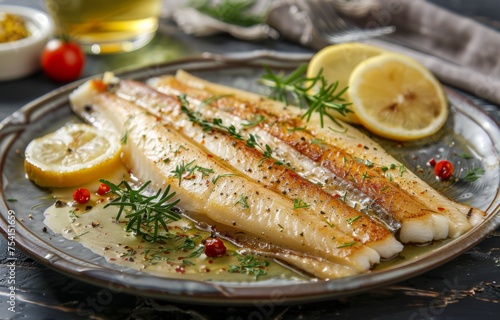 Freshly Cooked Belgian Sole Meunière with Lemon and Rosemary – Gourmet Seafood Cuisine Close-Up