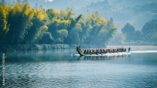 Dragon boat racing on calm river