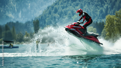 Jet skier performing jump on clear lake © Matthias