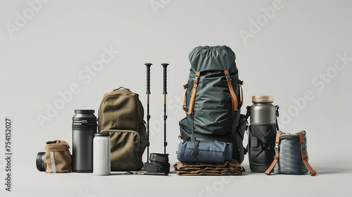 Minimalist adventure hiking or camping gear on plain background