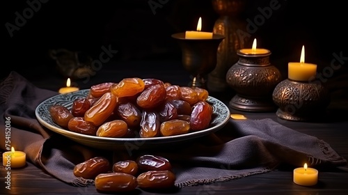 Iftar muslim food: ramadan kareem celebration concept with dried dates bowl, lanterns, and candles