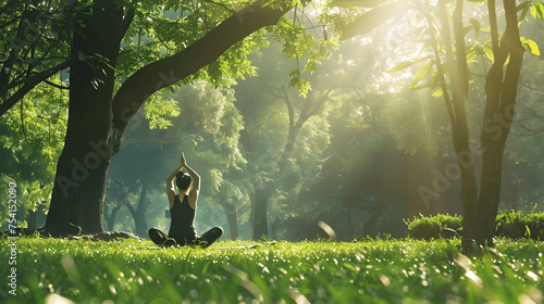 Outdoor solo yoga session in green park © Matthias