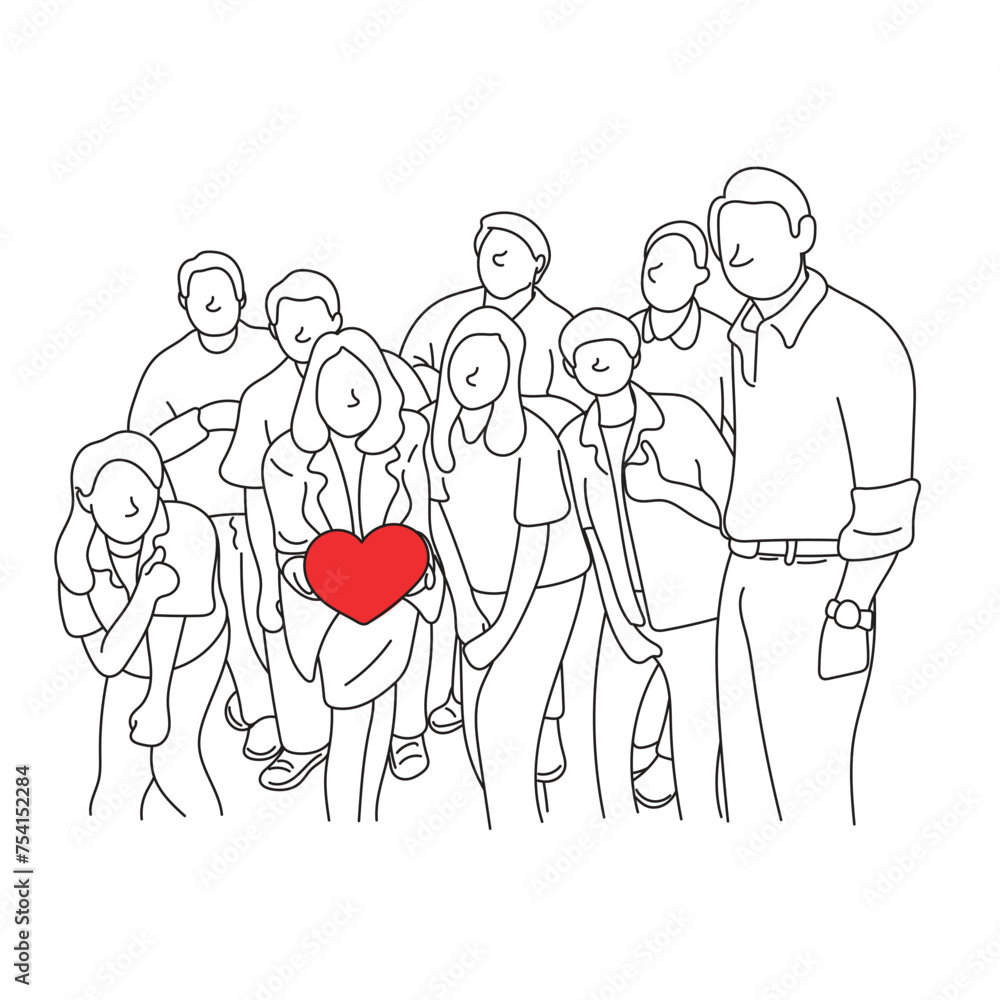 teamwork of nine business people with red heart illustration vector hand drawn isolated on white background teamwork of nine business people with red heart illustration vector hand drawn isolated on white background
