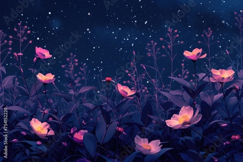 Abstract background with magenta flowers and starry night sky. 8k