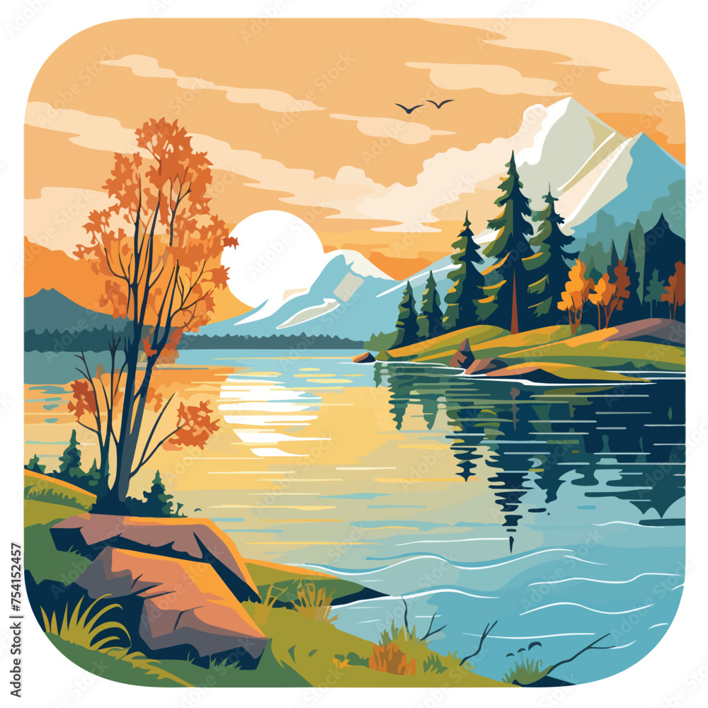 A peaceful lakeside scene vector illustration