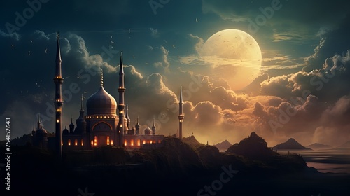 Vibrant ramadan kareem background: majestic crescent moon crowns mosque silhouette in cultural celebration