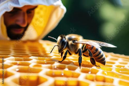 Bee on a honeycomb frame at a beekeeping farm, man apiarist in costume checking production sweet natural organic golden honey.