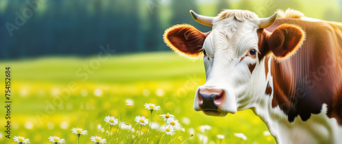 Portrait of a cow on background green grass and summer flowers on a sunny day. Animal looks at the camera at pasture, grazing in a meadow. Livestock, agriculture, farming. Copy space. Banner.