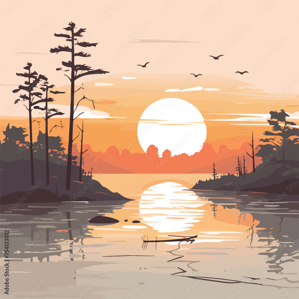 Fototapeta premium A peaceful lakeside sunset vector illustration