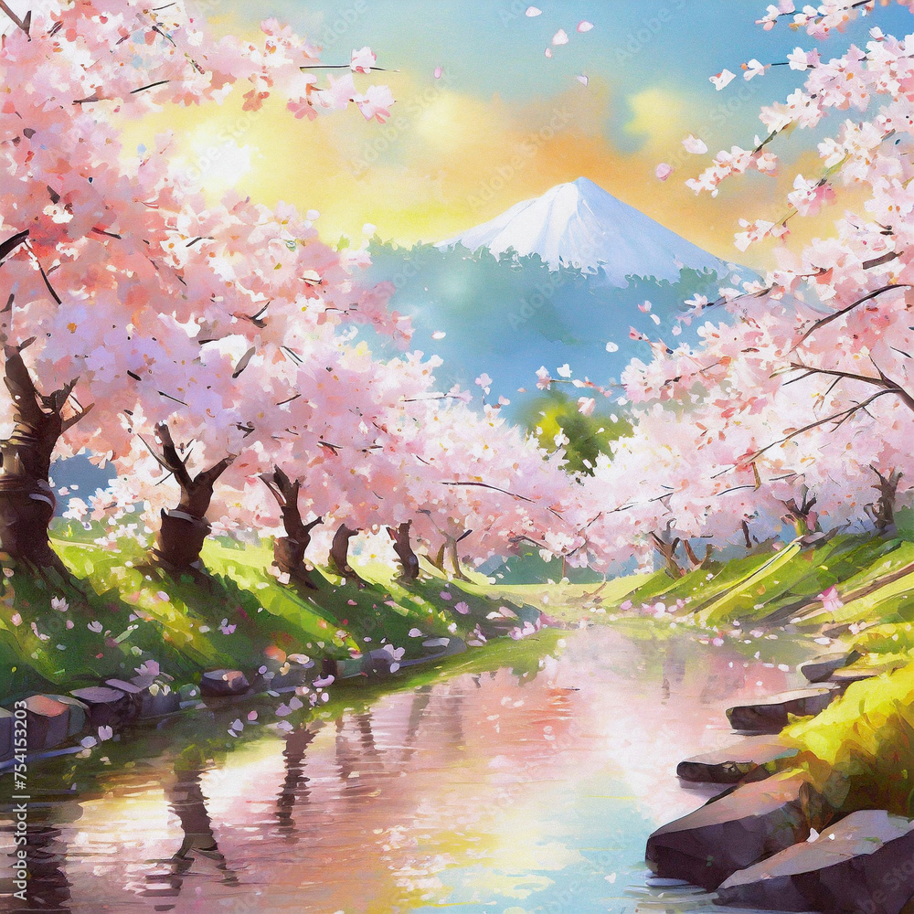산봉우리가 보이는 아름다운 강가의 벚꽃 풍경