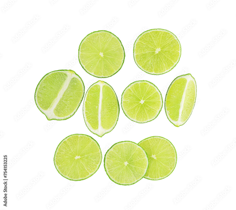 Slices of fresh lime fruit isolated on transparent background. PNG