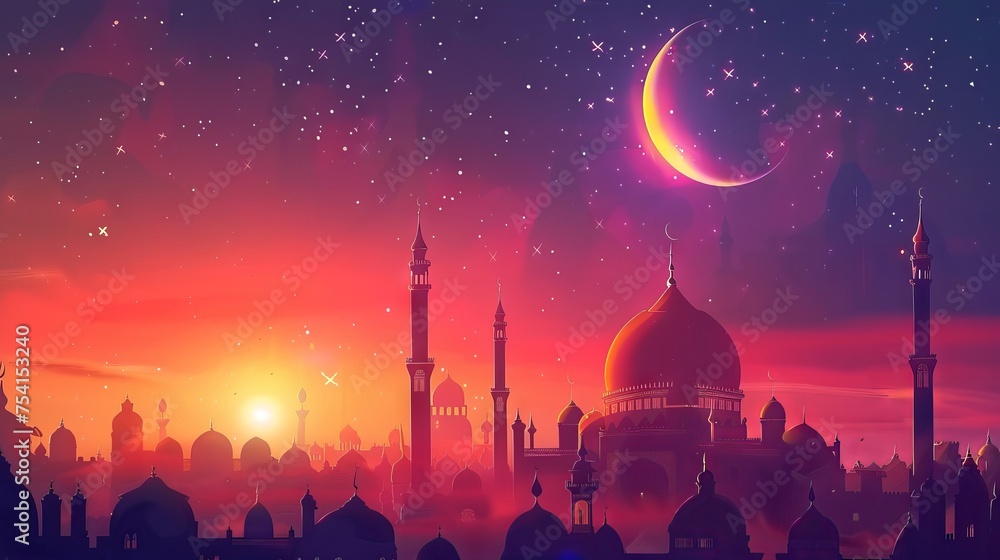 Vibrant ramadan kareem background banner illuminated with festive lights, crescent moon, and mosque silhouette, celebrating the holy month of ramadan in cultural splendor

