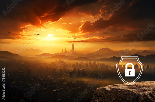 Padlock with shield flat icon on rock mountain over aerial panoramic view of modern city tower at golden hour, Business security insurance concept © grapestock