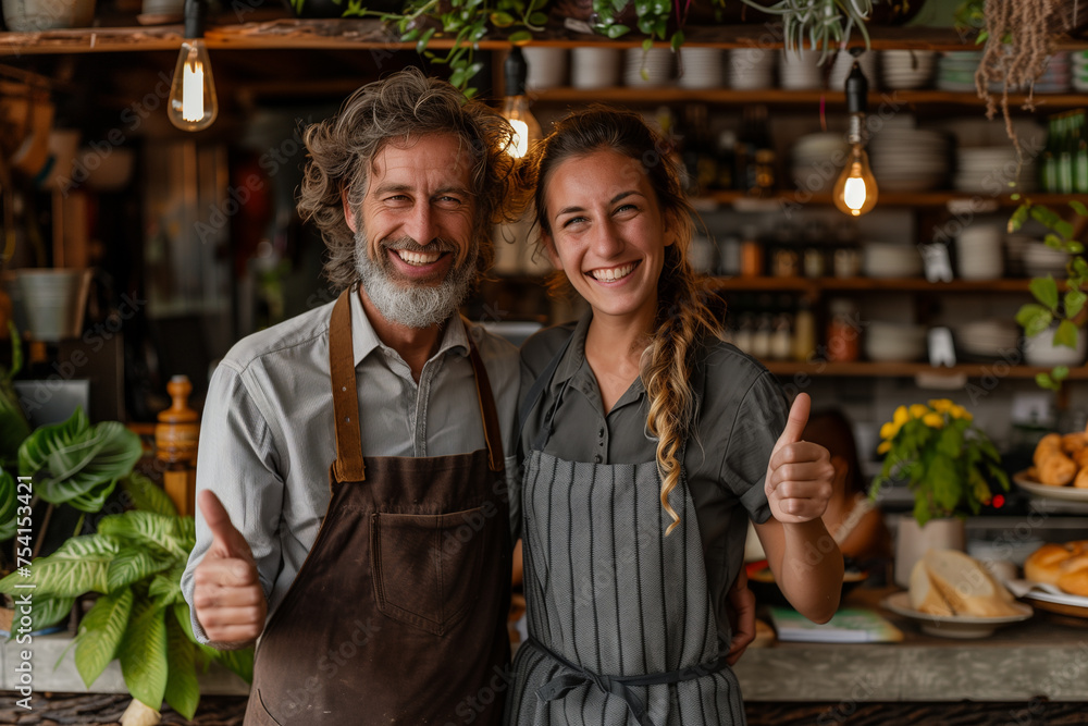 Two smiling small business owners in formalwear looking at camera and showing thumbs up while standing at their restaurant Two smiling small business owners in formalwear looking at camera and showing thumbs up while standing at their restaurant