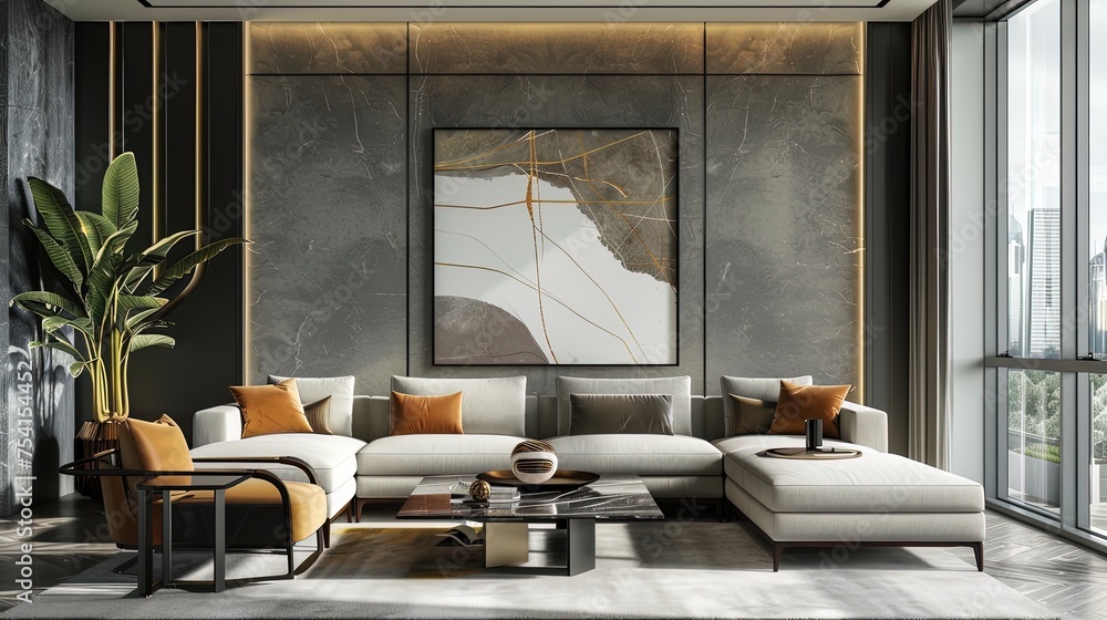 Fototapeta premium Luxurious marble wall with a sleek armchair adding a dash of color to the sophisticated space.