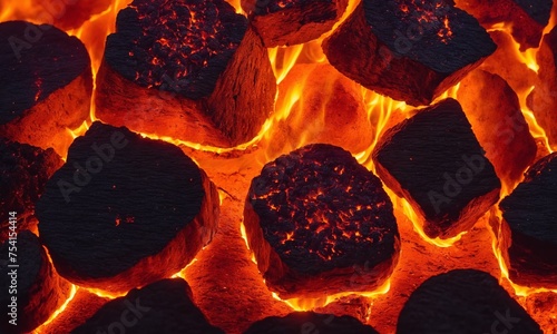 Burning coals in a fireplace, close-up. Background