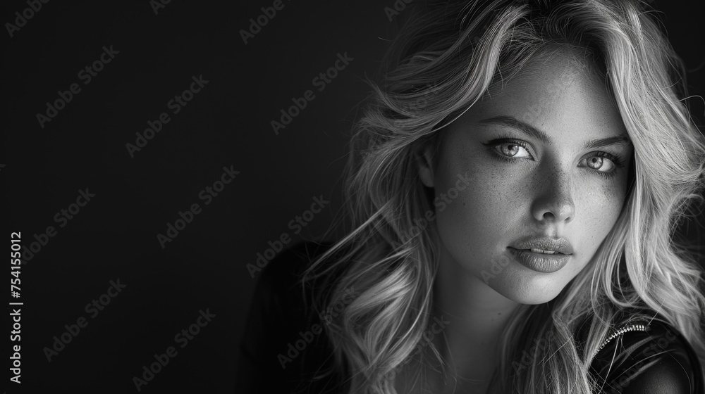 Fototapeta premium Stunning blonde beauty captivates with her intense gaze in a striking black-and-white , created by AI technology.