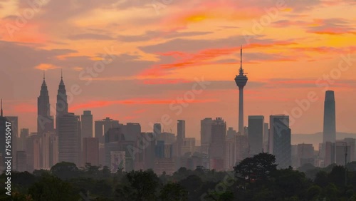 4K Time lapse Sunrise, Night to Day Scene of Kuala Lumpur Skyline with Petronas Twin Tower and KL Tower photo