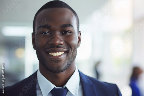 Portrait of a handsome smiling African American businessman in suit at office workplace, professional confident looking young business man at office, positive looking executive manager wearing blazer