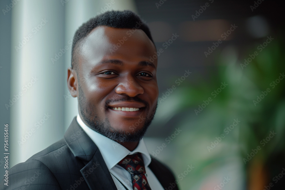 Portrait of a handsome smiling African American businessman in suit at office workplace, professional confident looking young business man at office, positive looking executive manager wearing blazer Portrait of a handsome smiling African American businessman in suit at office workplace, professional confident looking young business man at office, positive looking executive manager wearing blazer