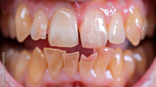 Ugly smile. Closeup open mouth with very bad crooked teeth, caries. Dental problems with oral hygiene. 