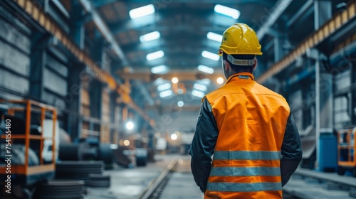 Industrial Engineer in Hard Hat Wearing Safety Jacket Walks Through Heavy Industry Manufacturing Factory with Various Metalworking Processes. photo