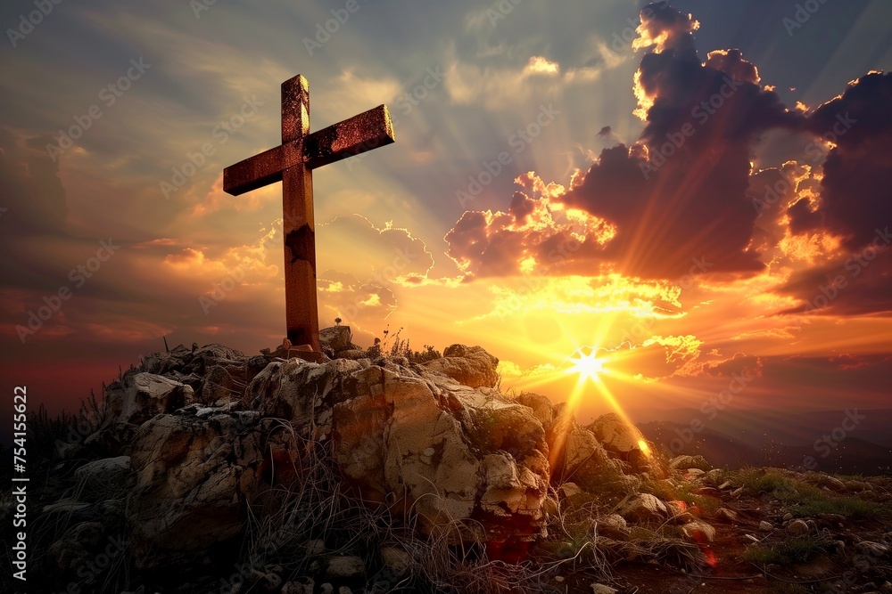 Calming jesus christ crucifix on cross on calvary sunset background concept for good friday he is risen in easter day, good friday jesus death on crucifix, world christian and holy spirit religious - obrazy, fototapety, plakaty 