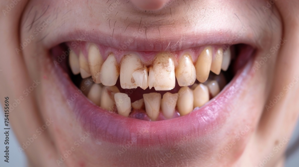 Obraz premium Ugly smile. Closeup open mouth with very bad crooked teeth, caries. Dental problems with oral hygiene.