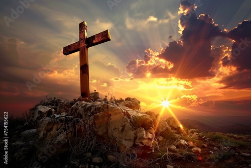 Calming jesus christ crucifix on cross on calvary sunset background concept for good friday he is risen in easter day, good friday jesus death on crucifix, world christian and holy spirit religious photo