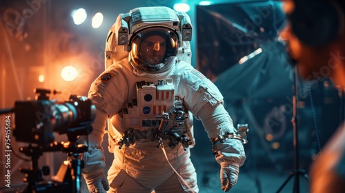 Creative Agency Filming a Video Commercial with an Actor Wearing an Astronaut Costume and is Floating in Outer Space. Backstage 